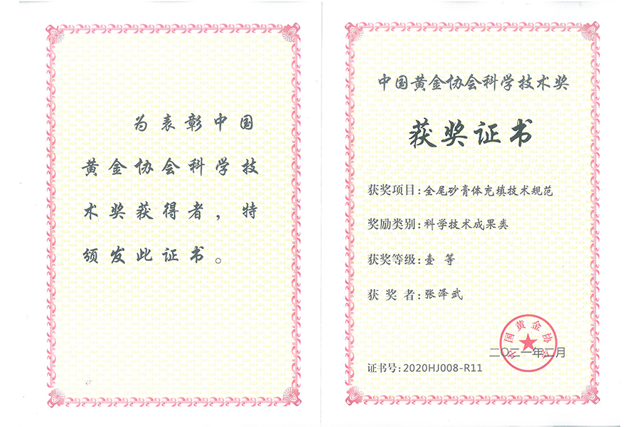 中国黄金协会科学技术奖--壹等（张泽武）